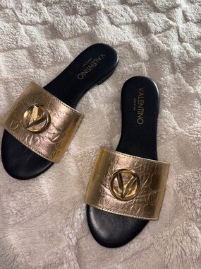 Valentino Metallic Gold Logo Slide Sandals with Black Footbed